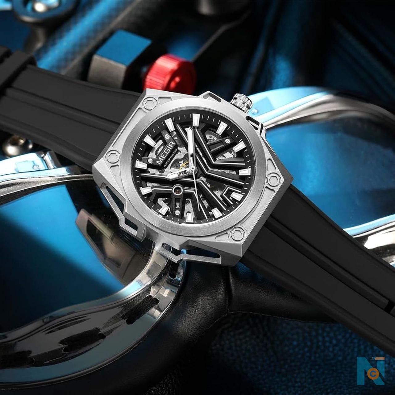 MEGIR 8603 Men&rsquo;s Automatic Watch | Luxury Skeleton Dial with Black Silicone Strap - صورة 2