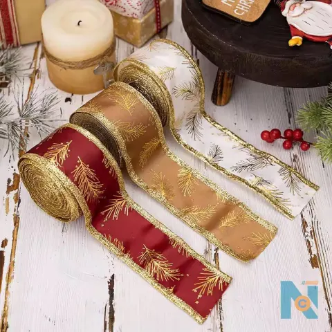 5M GLITTER GOLD LEAF CHRISTMAS RIBBON &ndash; FESTIVE DECORATION