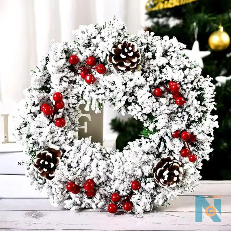 32CM SNOW-FLOCKED CHRISTMAS WREATH &ndash; FESTIVE DOOR DECORATION