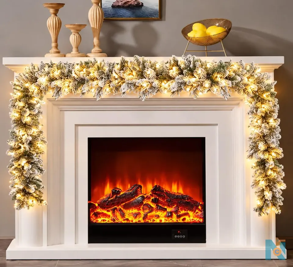 SNOW-FLOCKED CHRISTMAS GARLAND WITH BUILT-IN LIGHTS